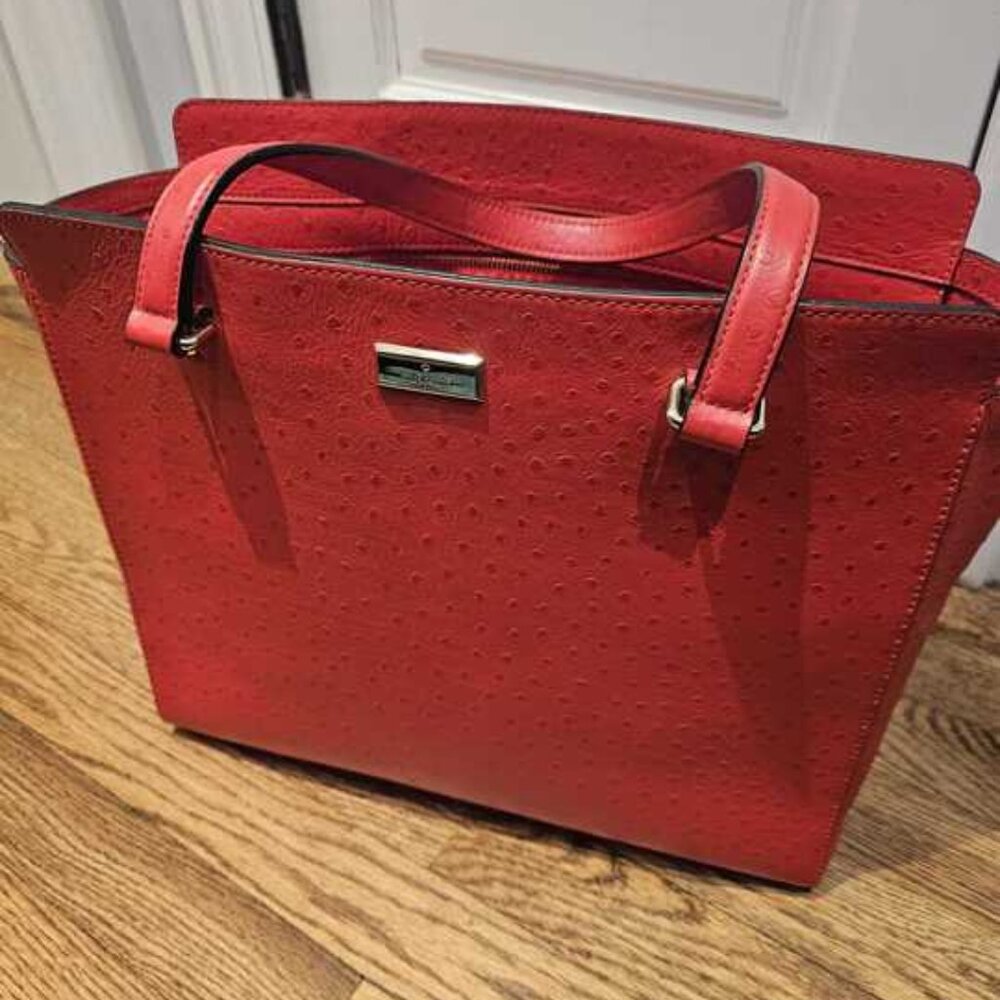 Kate Spade ostrich textured leather deep red tote